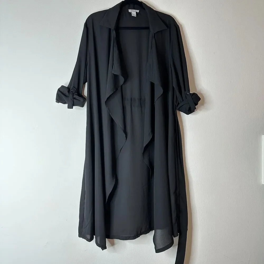 ReVamped Black Flowy Roll Tab Sleeve Tie Waist Waterfall Neck Wrap Dress Small - Picture 3 of 14